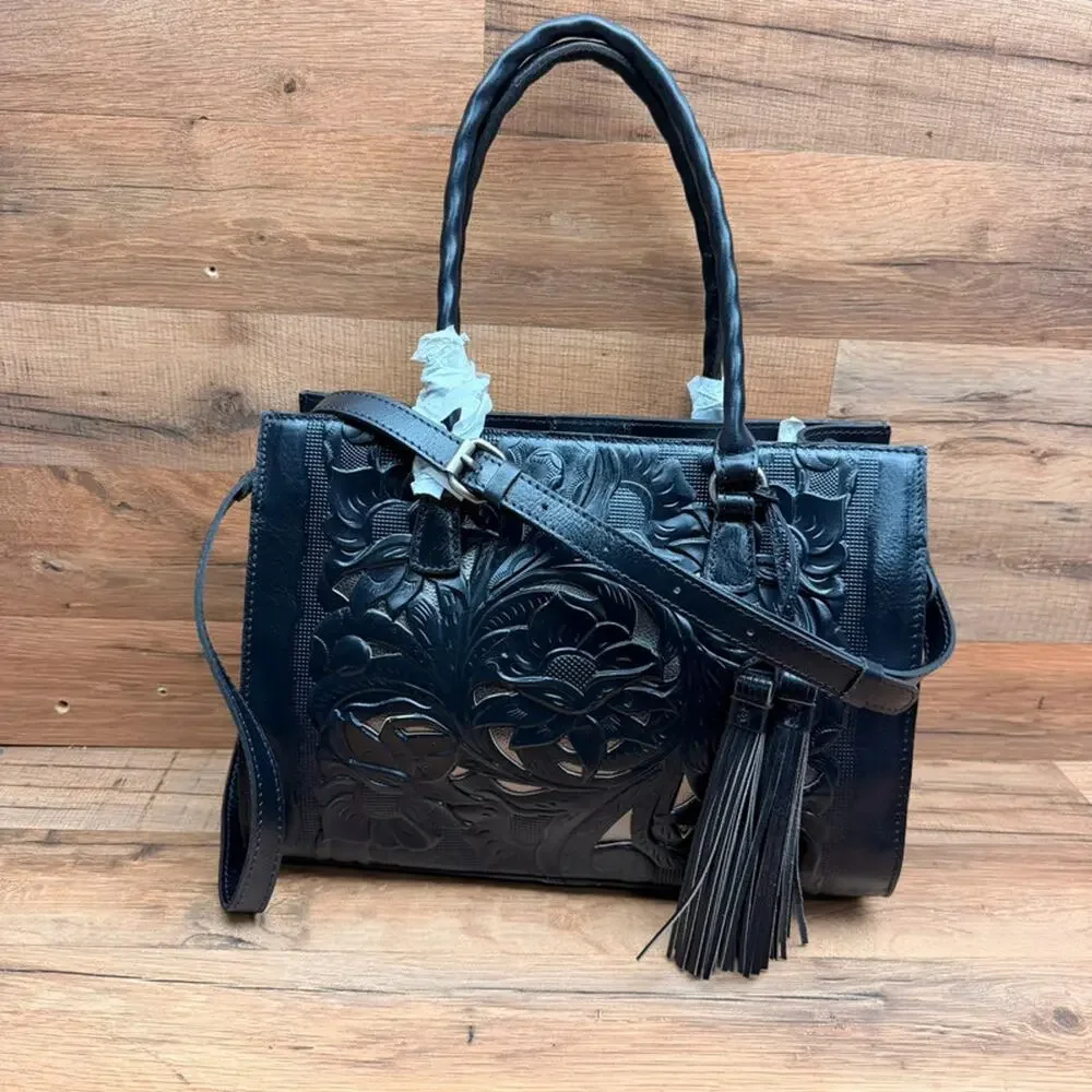 Patricia Nash Leather Primrose Satchel Smoke Tooled Bag  Silvertone
